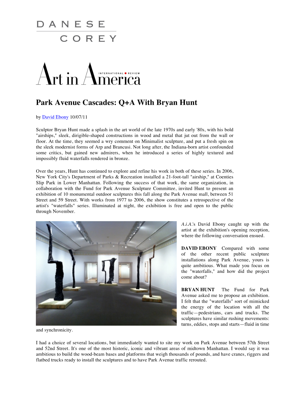 Park Avenue Cascades: Q+A with Bryan Hunt by David Ebony 10/07/11