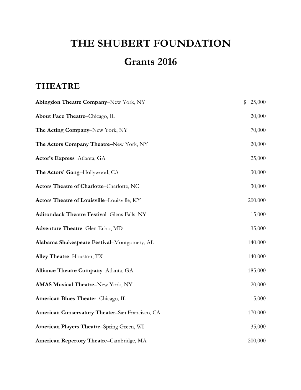 THE SHUBERT FOUNDATION Grants 2016