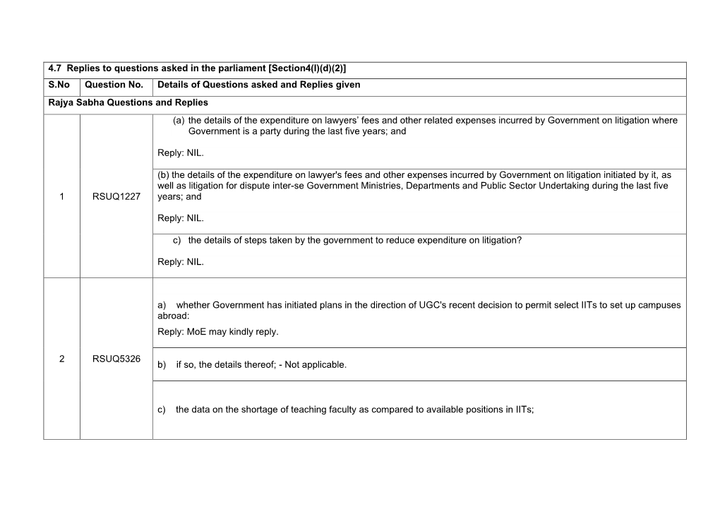 4.7 Replies to Questions Asked in the Parliament [Section4(L)(D)(2)] S.No Question No
