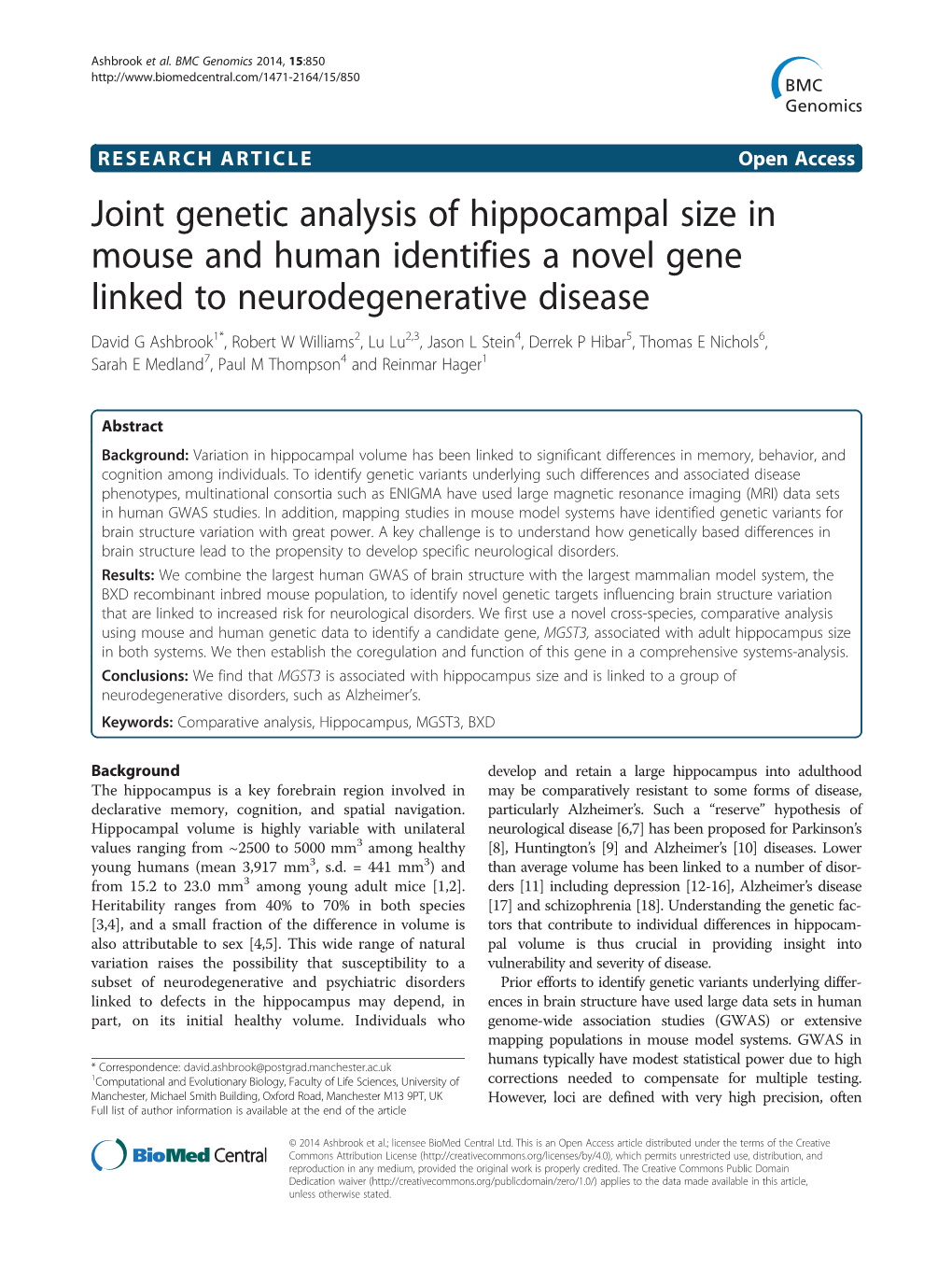 Joint Genetic Analysis of Hippocampal Size in Mouse and Human Identifies