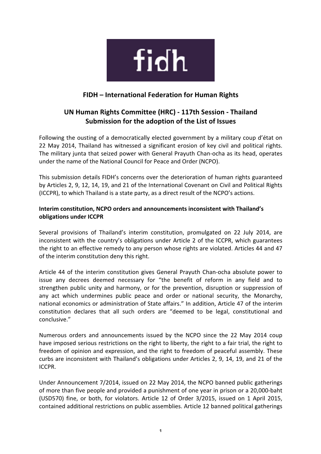 FIDH – International Federation for Human Rights UN Human Rights Committee (HRC)