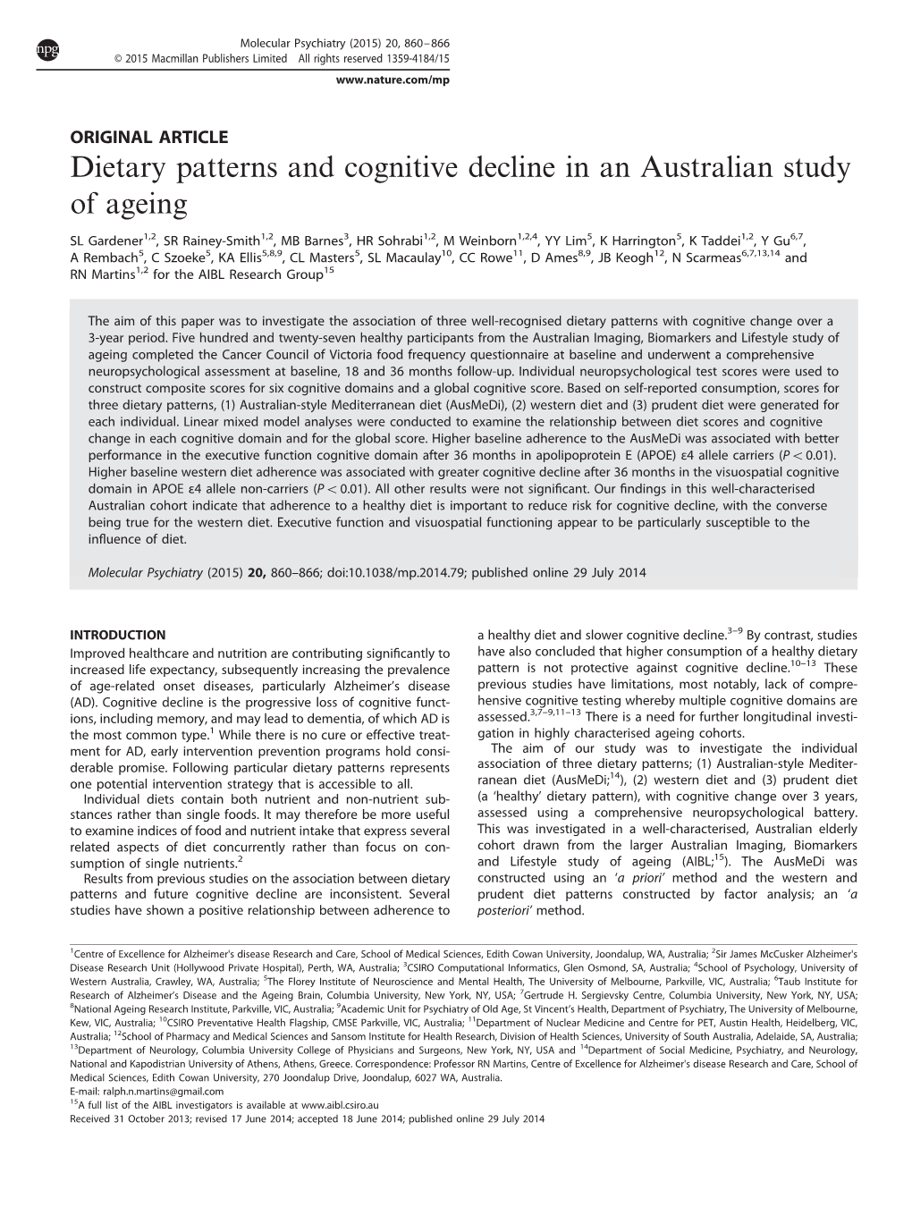 Dietary Patterns and Cognitive Decline in an Australian Study of Ageing