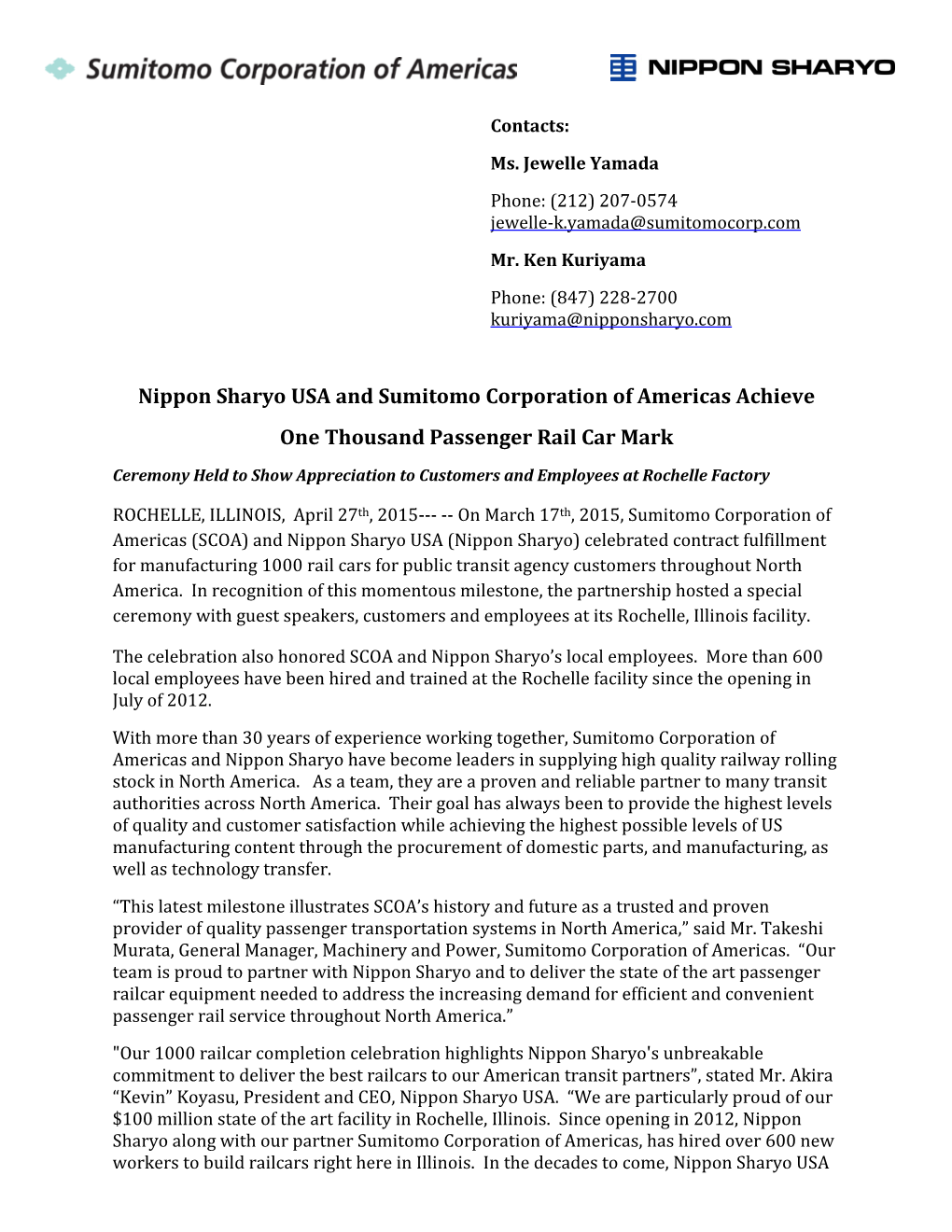 Nippon Sharyo USA and Sumitomo Corporation of Americas Achieve One Thousand Passenger Rail Car Mark