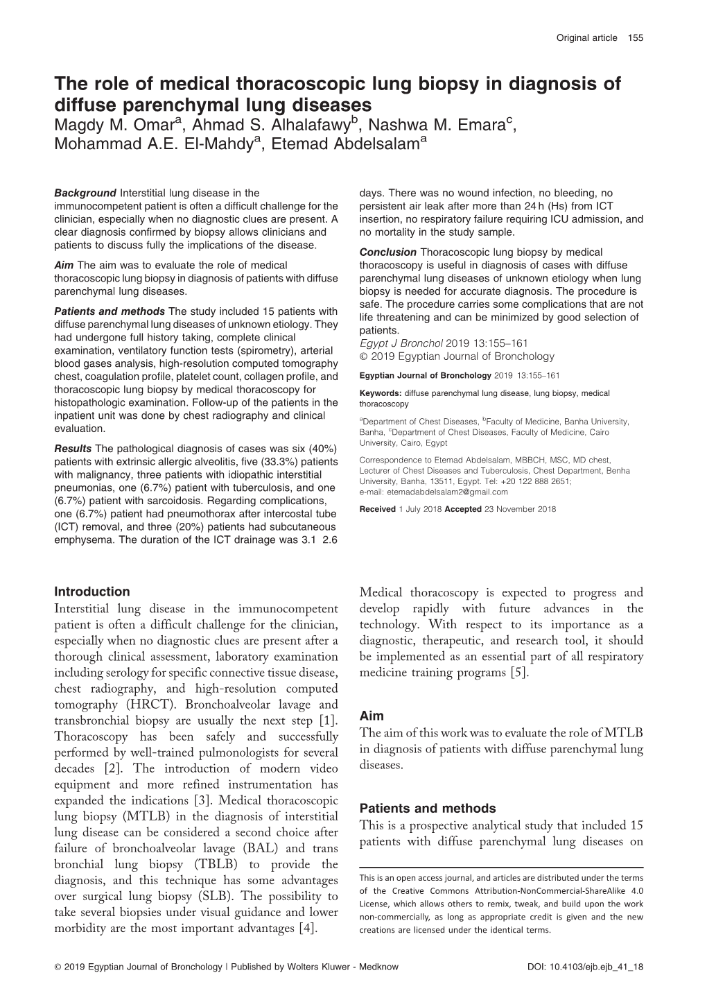 The Role of Medical Thoracoscopic Lung Biopsy in Diagnosis of Diffuse Parenchymal Lung Diseases Magdy M