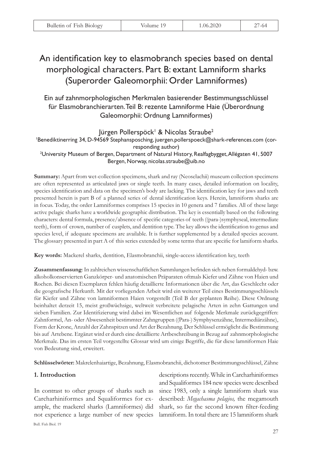 An Identification Key to Elasmobranch Species Based on Dental Morphological Characters