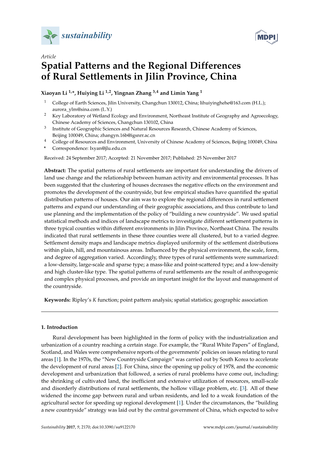 Spatial Patterns and the Regional Differences of Rural Settlements in Jilin Province, China