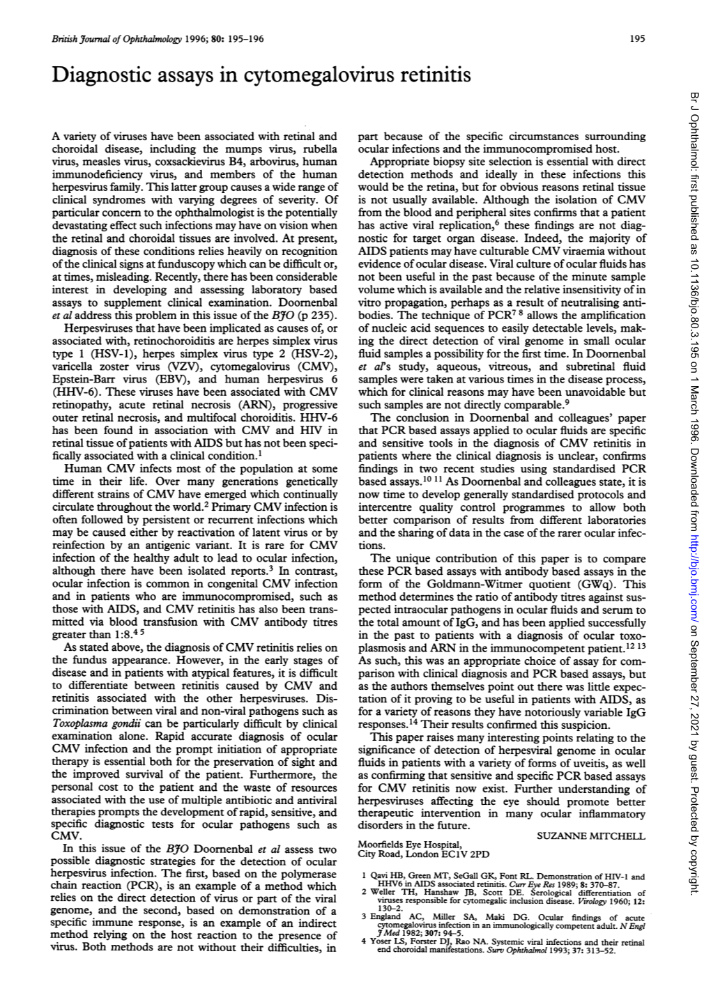 Diagnostic Assays in Cytomegalovirus Retinitis Br J Ophthalmol: First Published As 10.1136/Bjo.80.3.195 on 1 March 1996