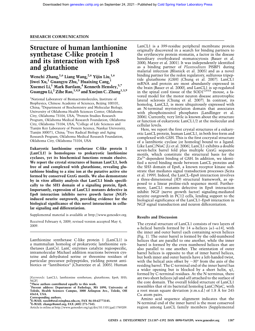 Structure of Human Lanthionine Synthetase C-Like Protein 1 and Its Interaction with Eps8 and Glutathione