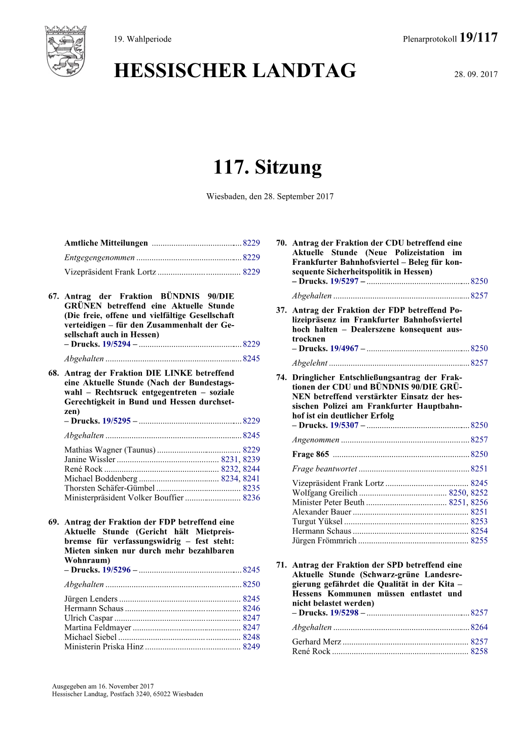 HESSISCHER LANDTAG 117. Sitzung