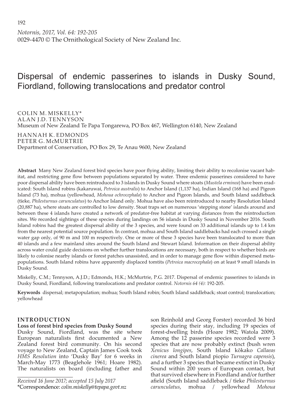 Dispersal of Endemic Passerines to Islands in Dusky Sound, Fiordland, Following Translocations and Predator Control