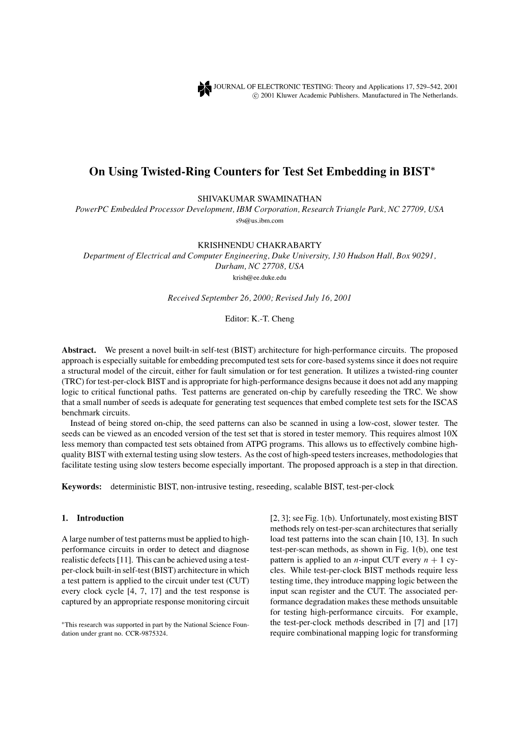 On Using Twisted-Ring Counters for Test Set Embedding in BIST∗