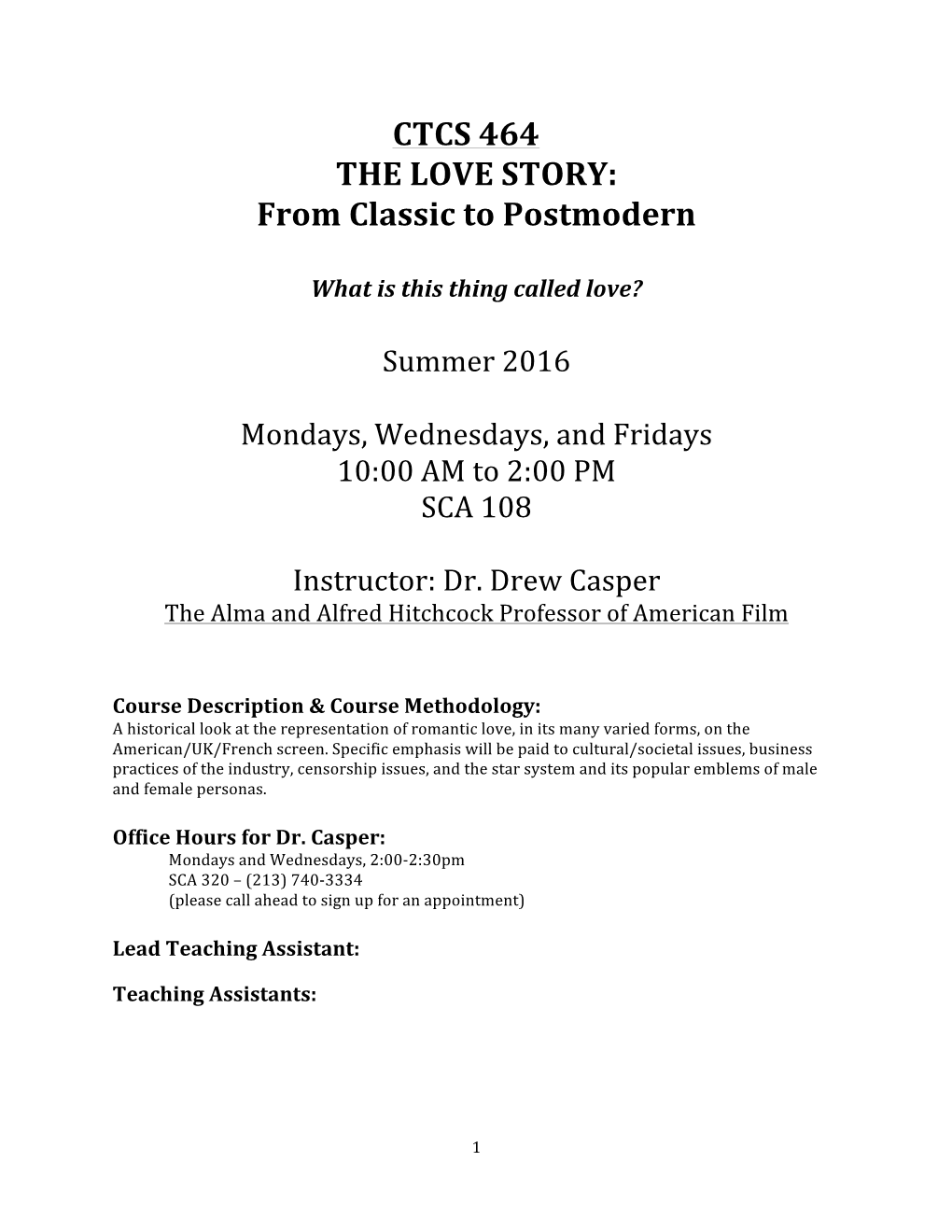 CTCS 464 the LOVE STORY: from Classic to Postmodern