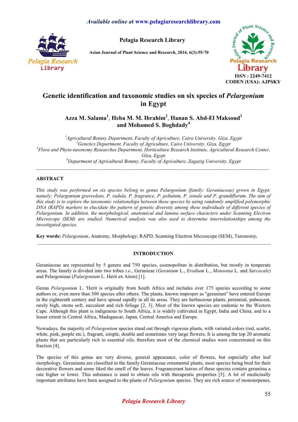 Genetic Identification and Taxonomic Studies on Six Species of Pelargonium in Egypt