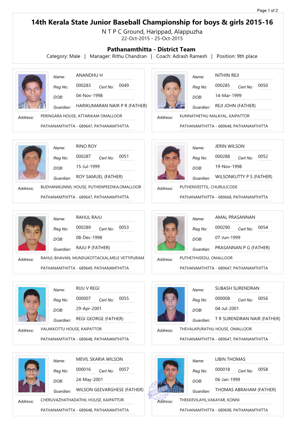14Th Kerala State Junior Baseball Championship for Boys & Girls 2015-16