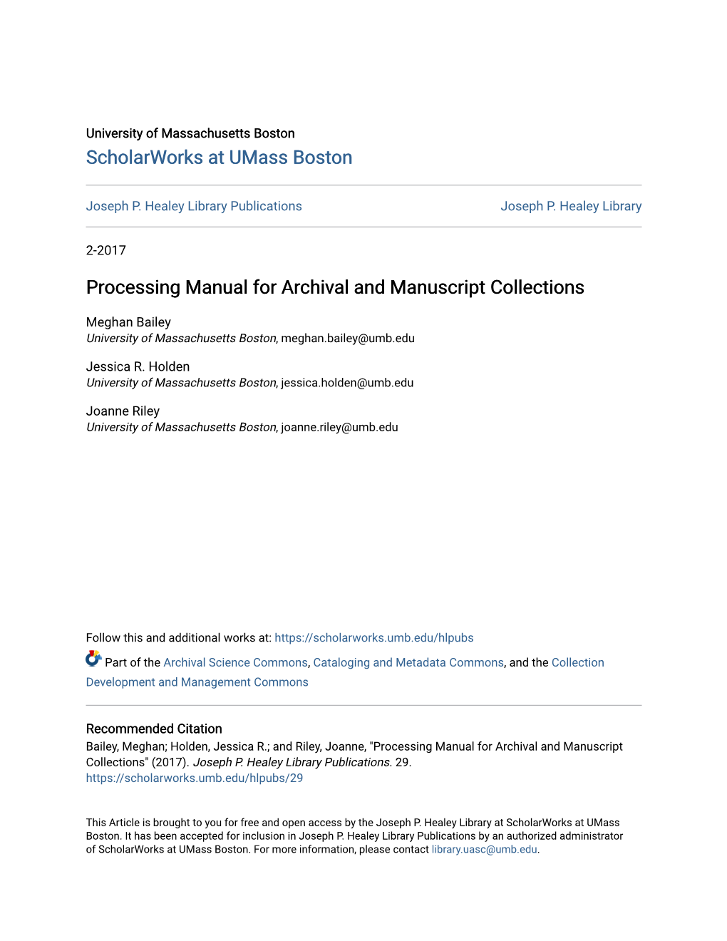 Processing Manual for Archival and Manuscript Collections