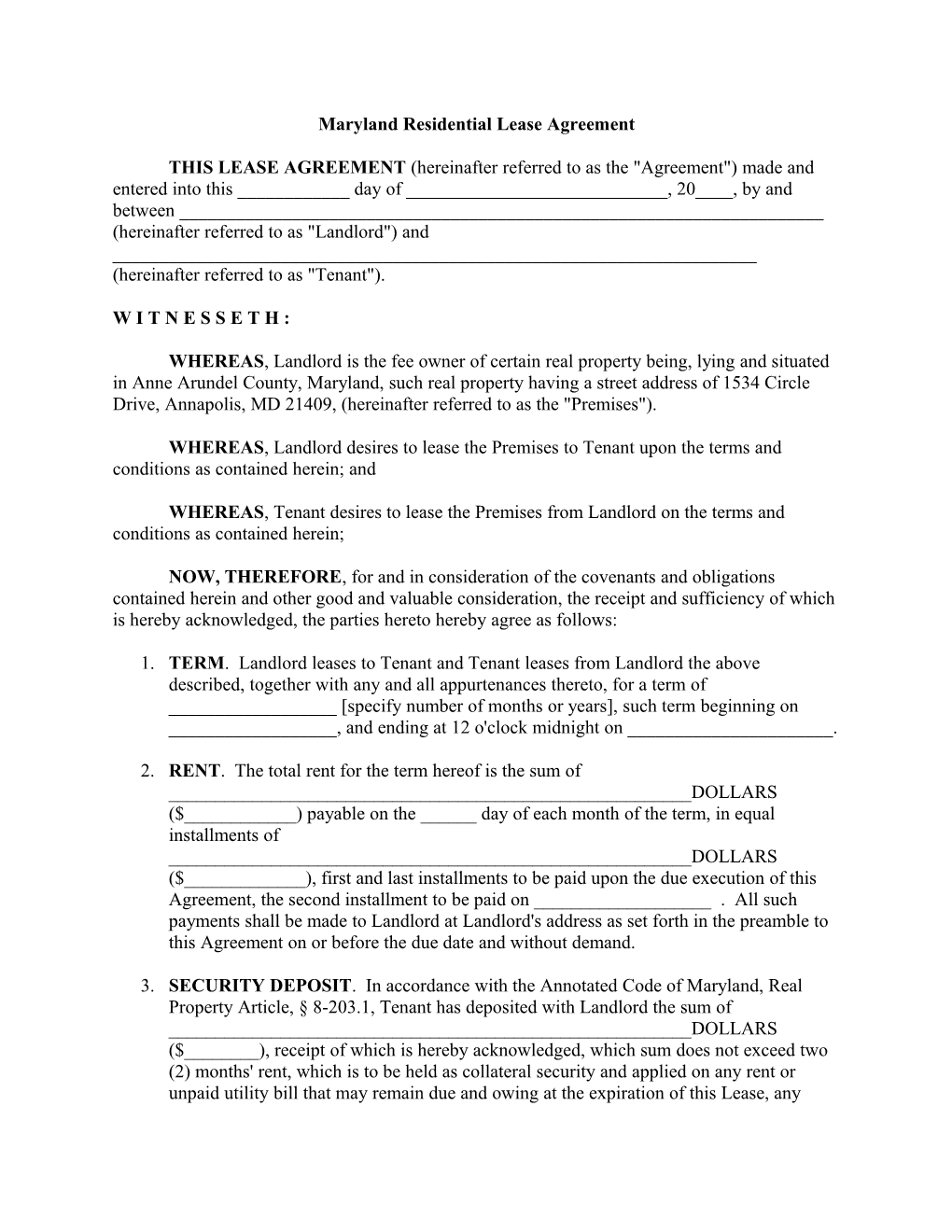 Maryland Residential Lease Agreement