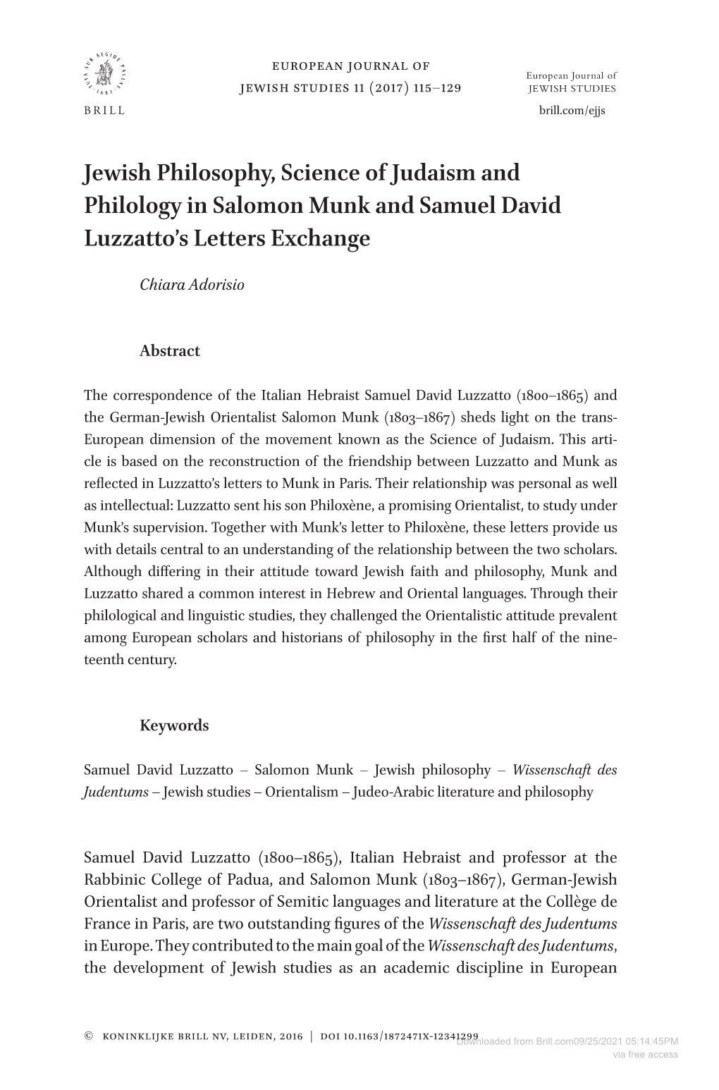 Jewish Philosophy, Science of Judaism and Philology in Salomon Munk and Samuel David Luzzatto’S Letters Exchange