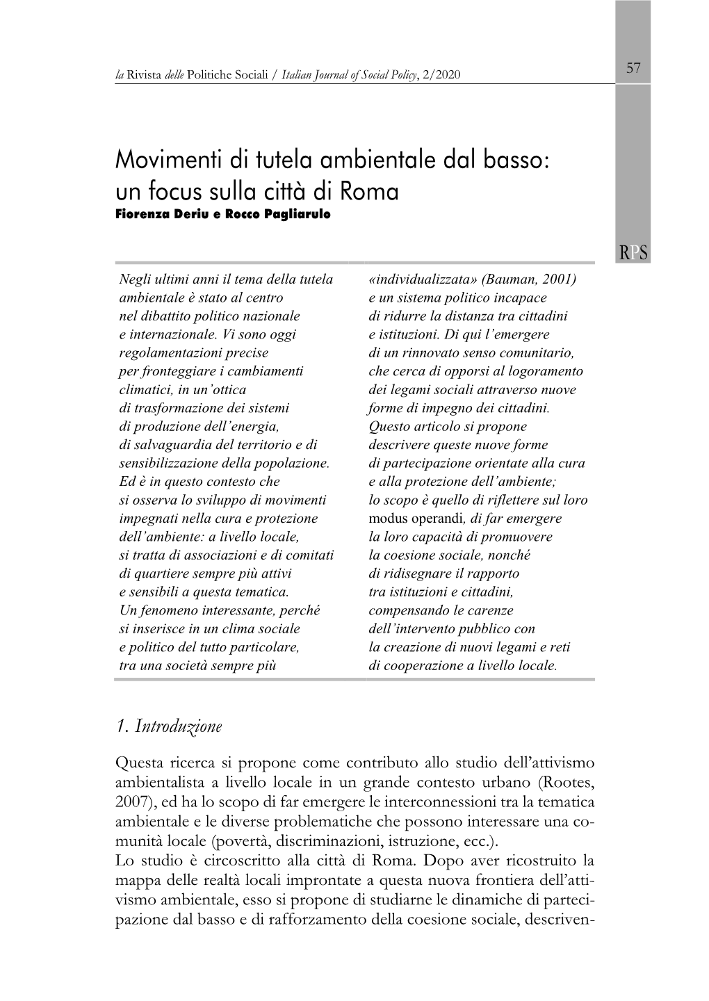 Movimenti Di Tutela Ambientale Dal Basso: Un Focus Sulla Città Di Roma