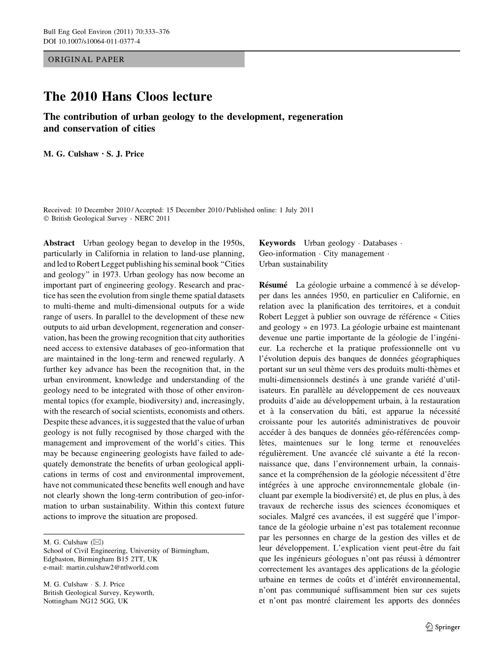 The 2010 Hans Cloos Lecture the Contribution of Urban Geology to the Development, Regeneration and Conservation of Cities