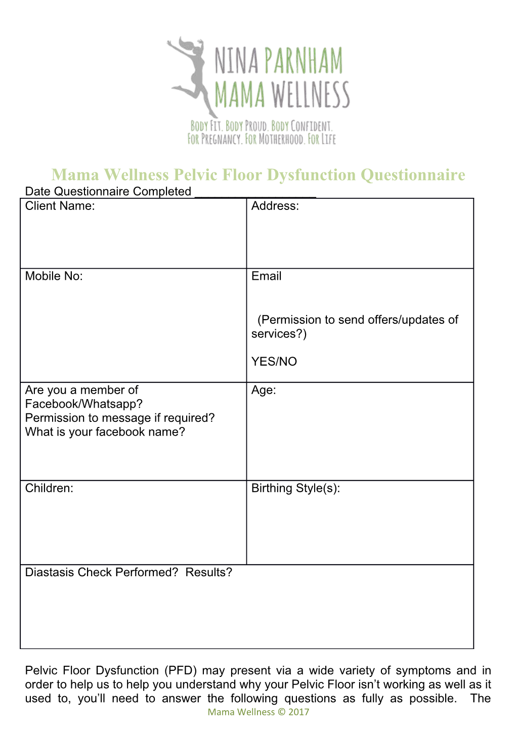 Mama Wellness Pelvic Floor Dysfunction Questionnaire