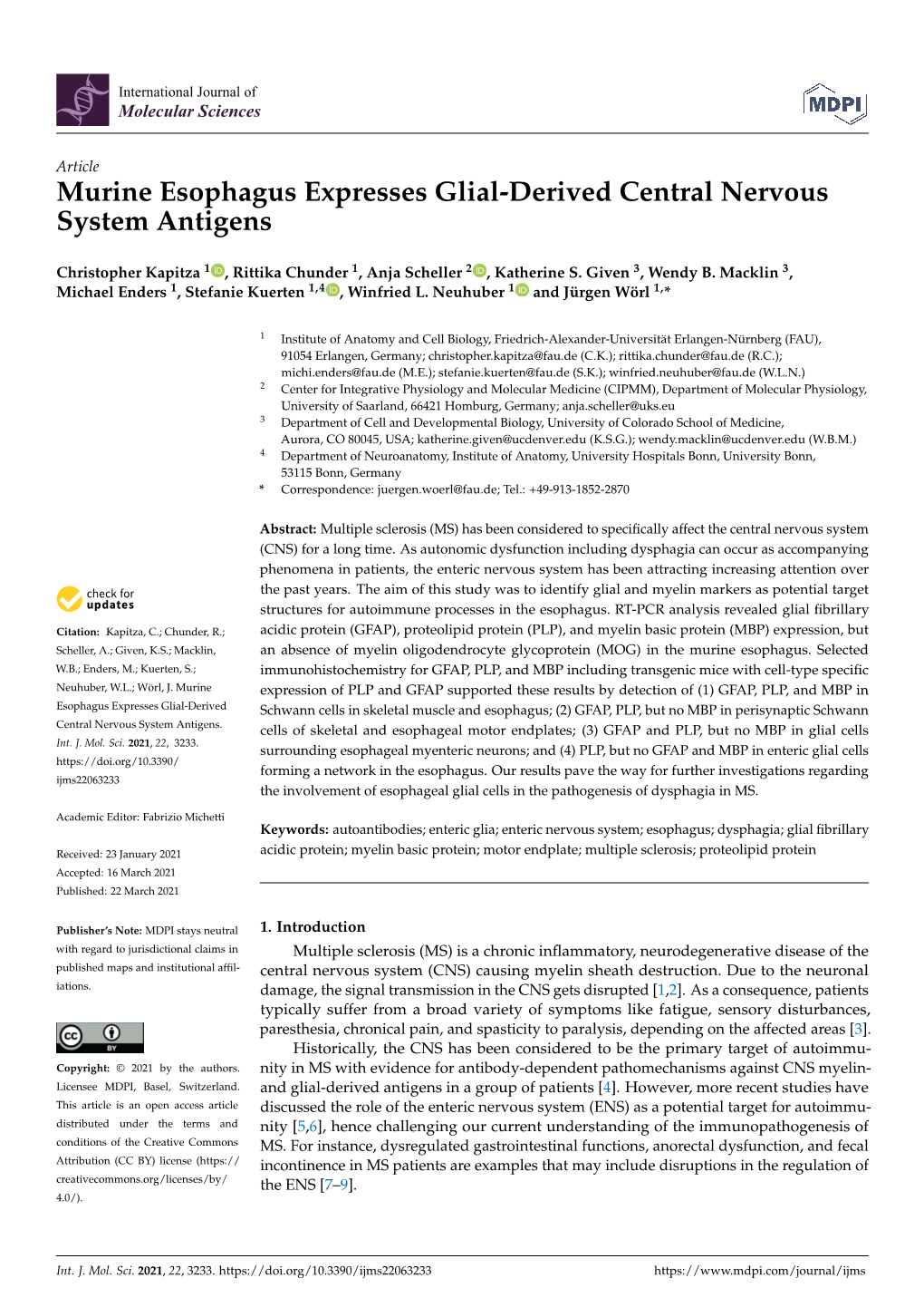 Murine Esophagus Expresses Glial-Derived Central Nervous System Antigens