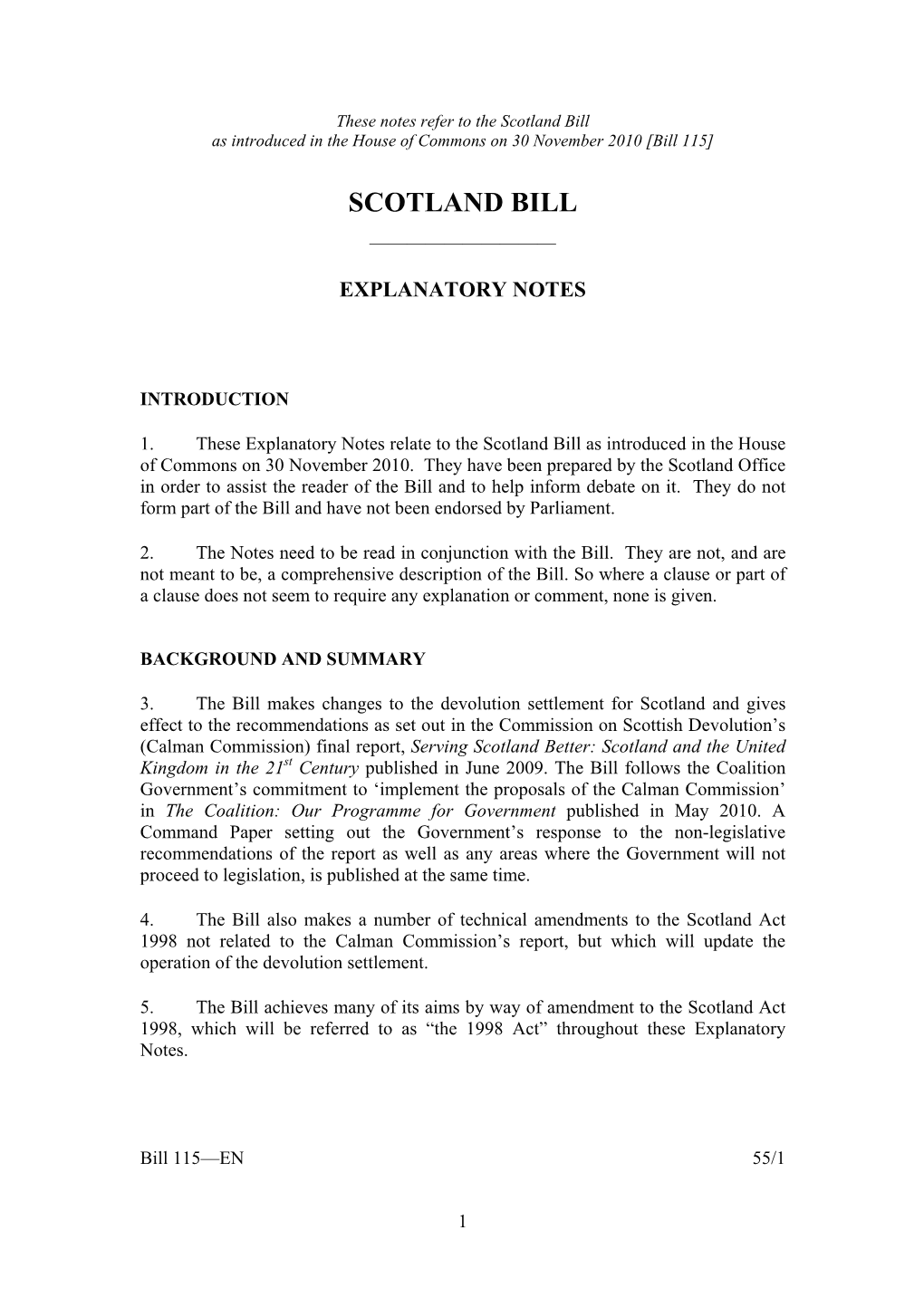 Scotland Bill As Introduced in the House of Commons on 30 November 2010 [Bill 115]