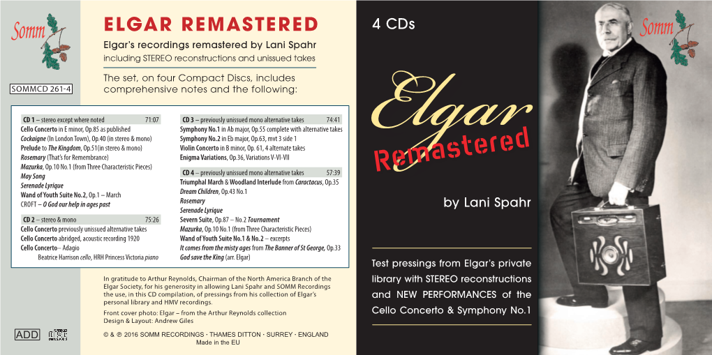 ELGAR REMASTERED 4 Cds Elgar’S Recordings Remastered by Lani Spahr Including STEREO Reconstructions and Unissued Takes