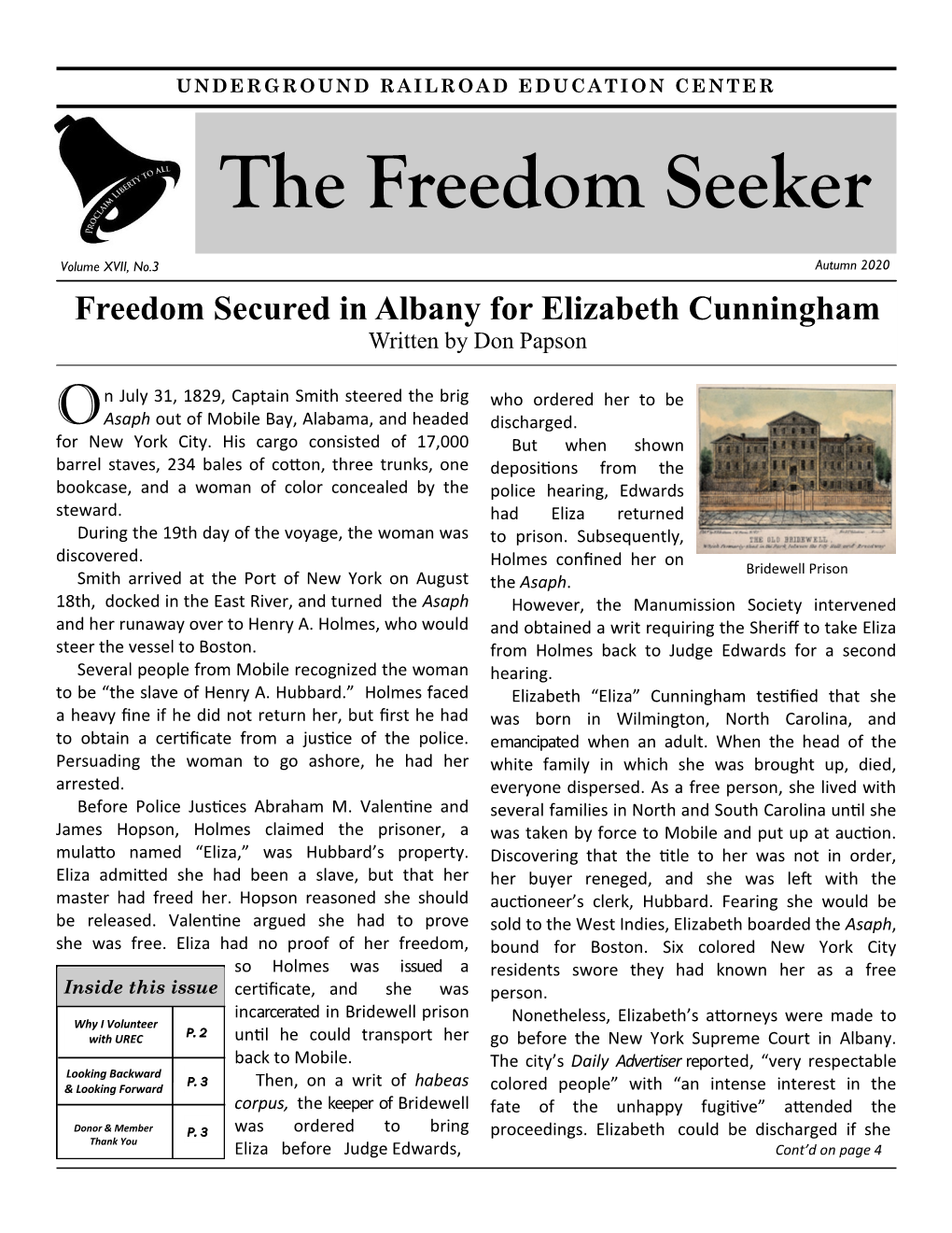 Autumn 2020 Freedom Secured in Albany for Elizabeth Cunningham Written by Don Papson