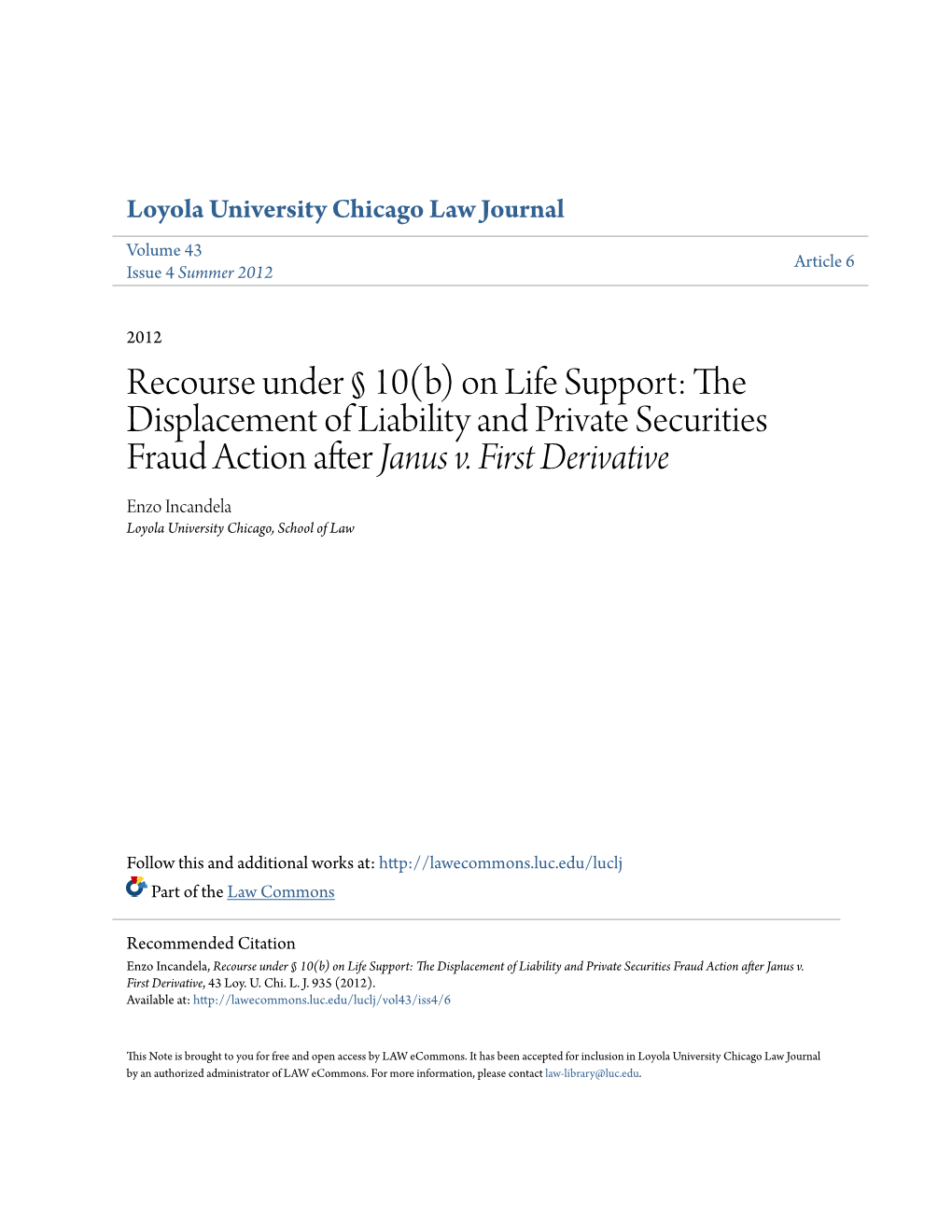 The Displacement of Liability and Private Securities Fraud Action After Janus V