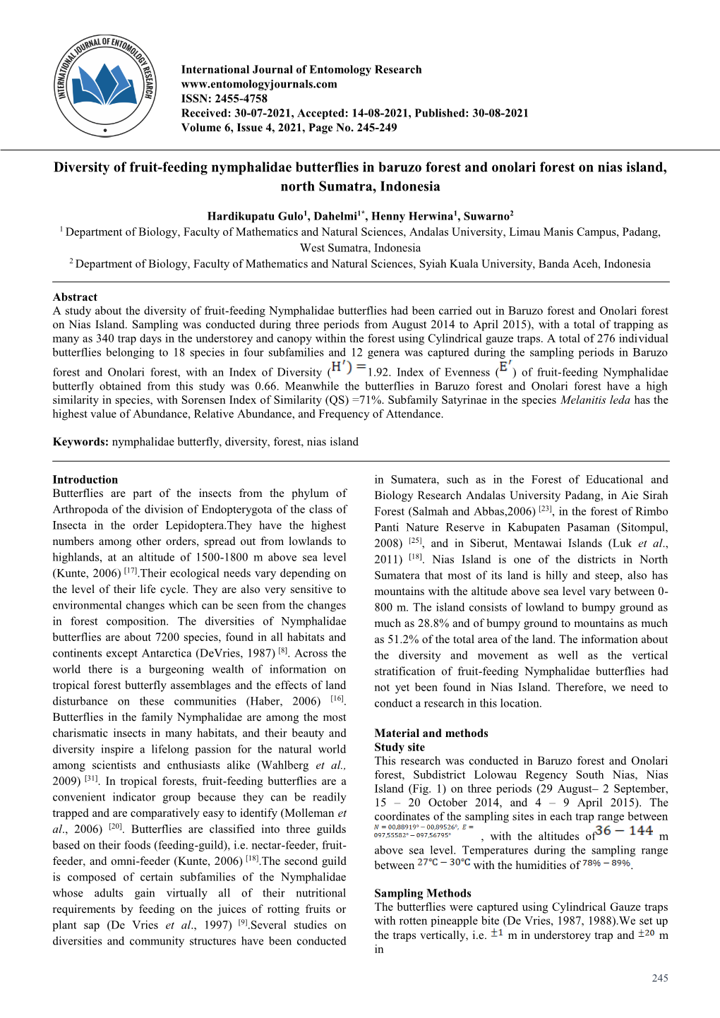 Diversity of Fruit-Feeding Nymphalidae Butterflies in Baruzo Forest and Onolari Forest on Nias Island, North Sumatra, Indonesia