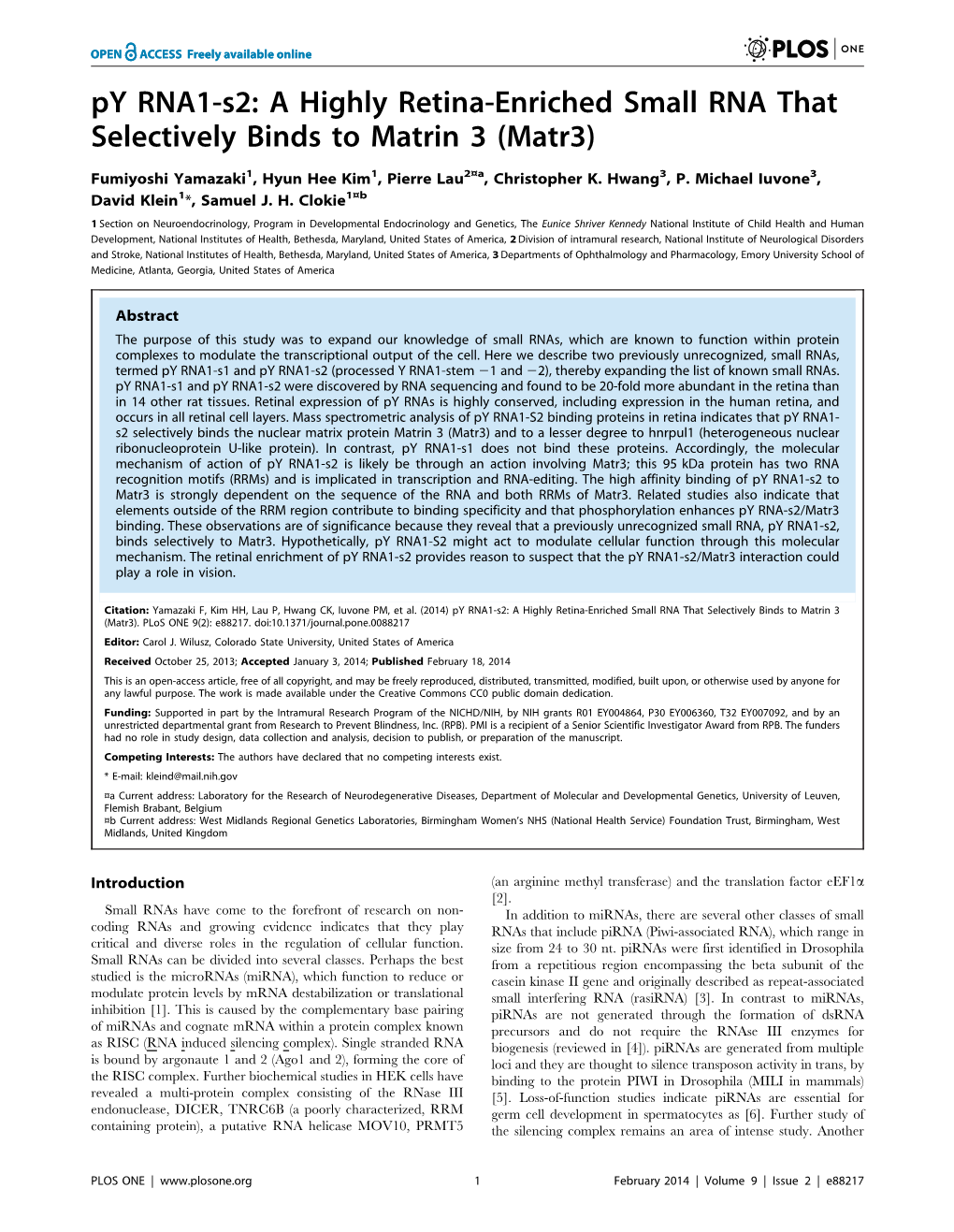 Py RNA1-S2: a Highly Retina-Enriched Small RNA That Selectively Binds to Matrin 3 (Matr3)