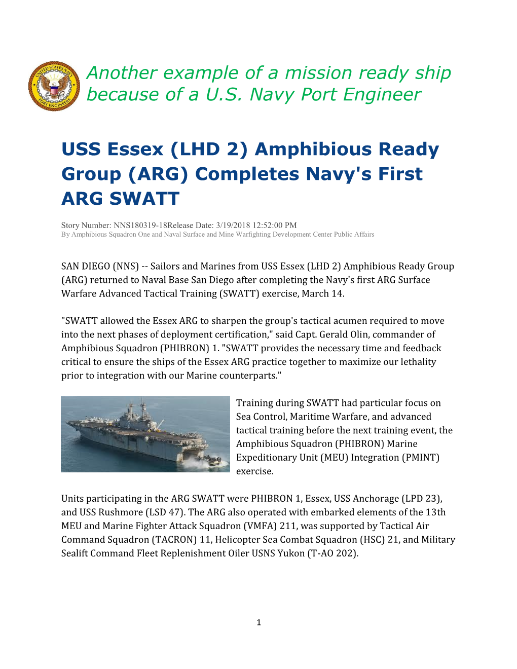 USS Essex (LHD 2) Amphibious Ready Group (ARG) Completes Navy's First ARG SWATT