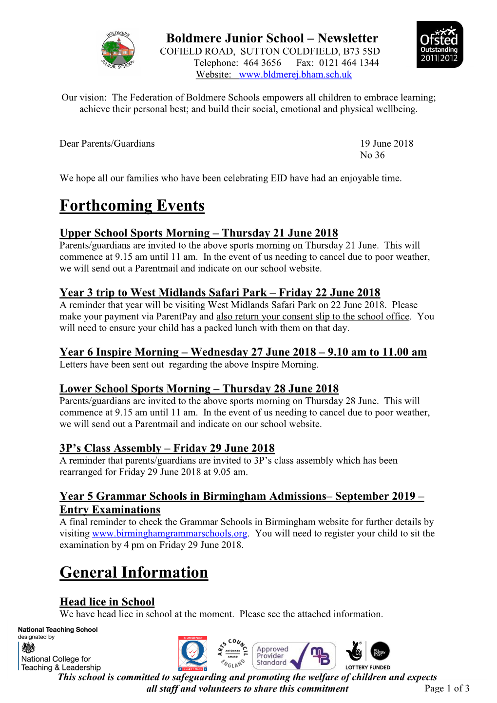 Boldmere Junior School – Newsletter COFIELD ROAD, SUTTON COLDFIELD, B73 5SD Telephone: 464 3656 Fax: 0121 464 1344 Website