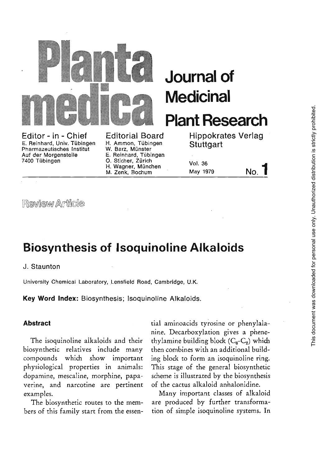 Biosynthesis of Isoquinoline Alkaloids