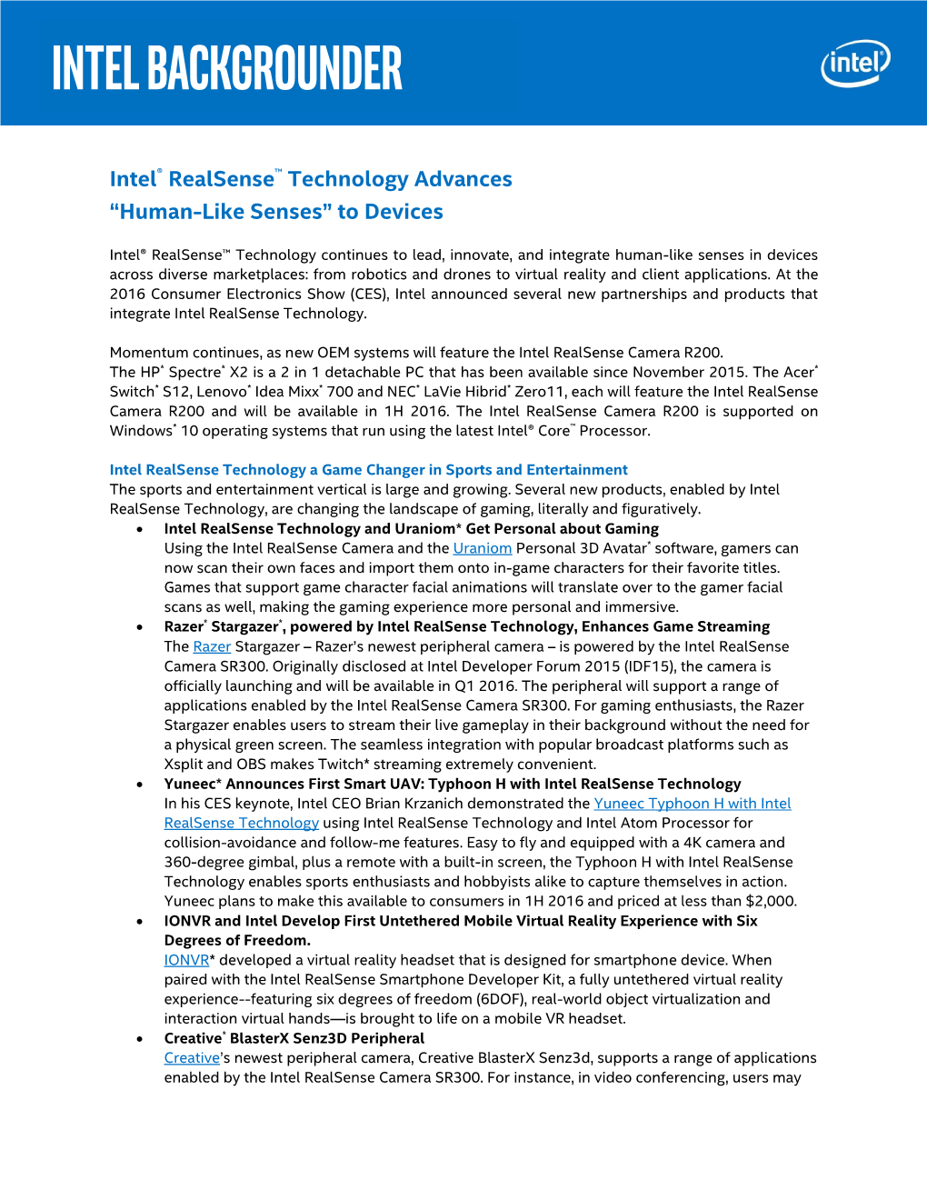 Intel® Realsense™ Technology Brings "Human-Like Senses" To