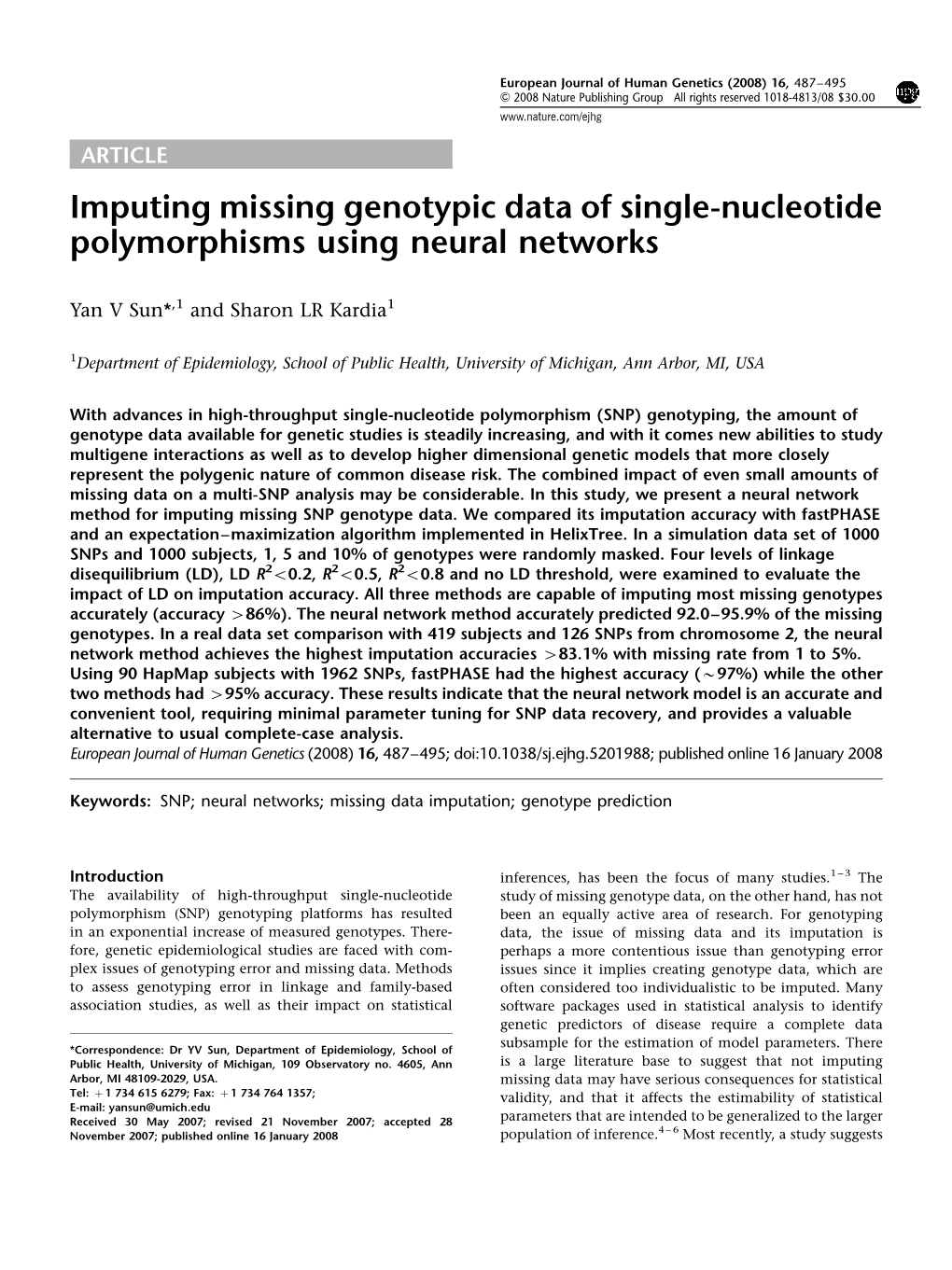 Imputing Missing Genotypic Data of Single-Nucleotide Polymorphisms Using Neural Networks