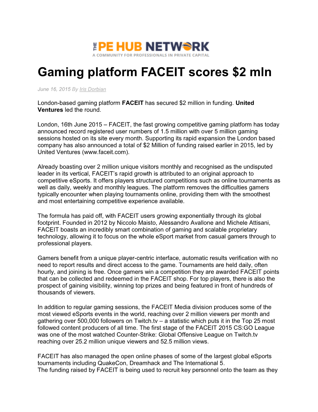 Gaming Platform FACEIT Scores $2 Mln