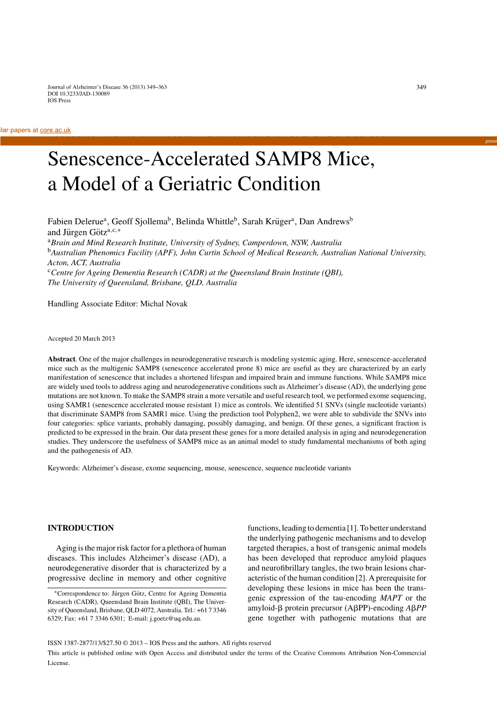 Single Nucleotide Variants (Snvs) Define Senescence-Accelerated SAMP8 Mice, a Model of a Geriatric Condition