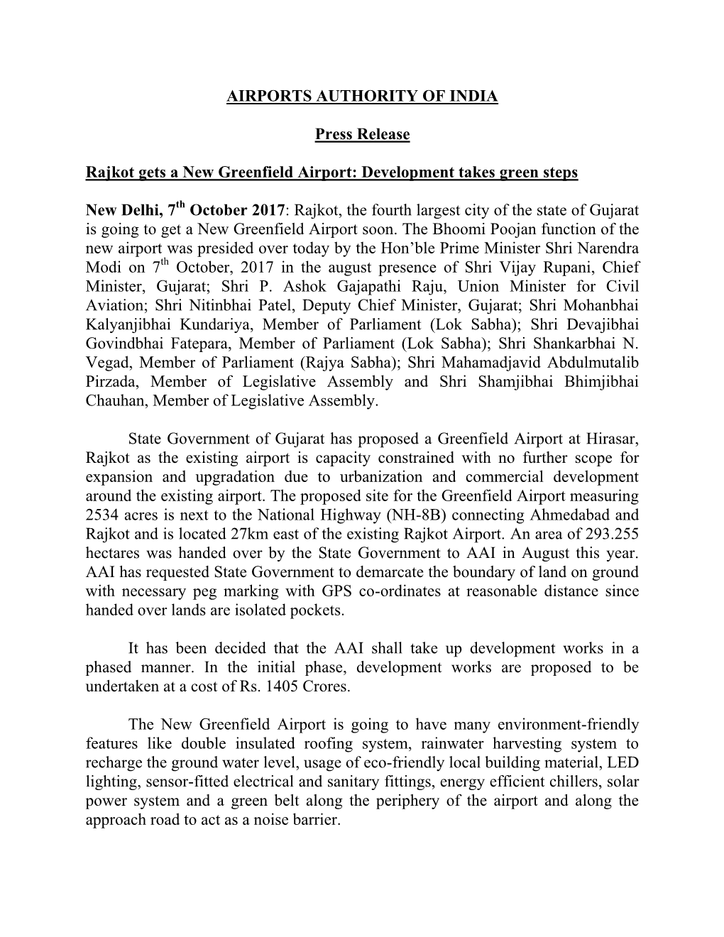 AIRPORTS AUTHORITY of INDIA Press Release Rajkot Gets a New