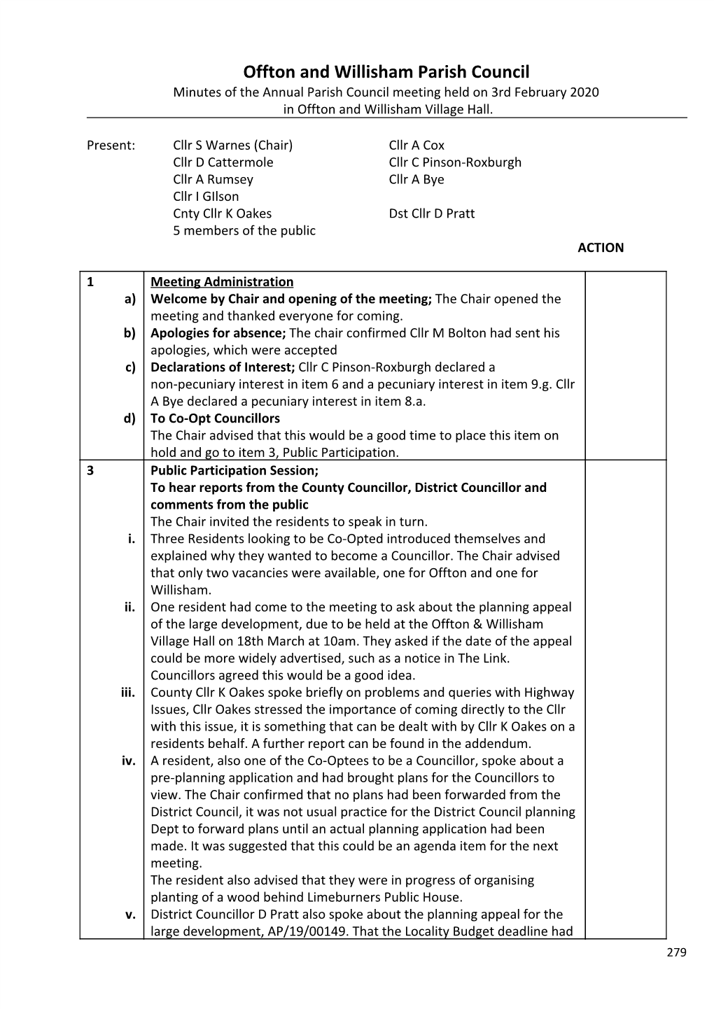 Offton and Willisham Parish Council Minutes of the Annual Parish Council Meeting Held on 3Rd February 2020 in Offton and Willisham Village Hall