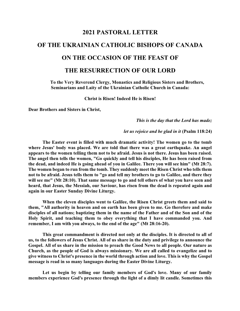 2021 Pastoral Letter of the Ukrainian Catholic Bishops