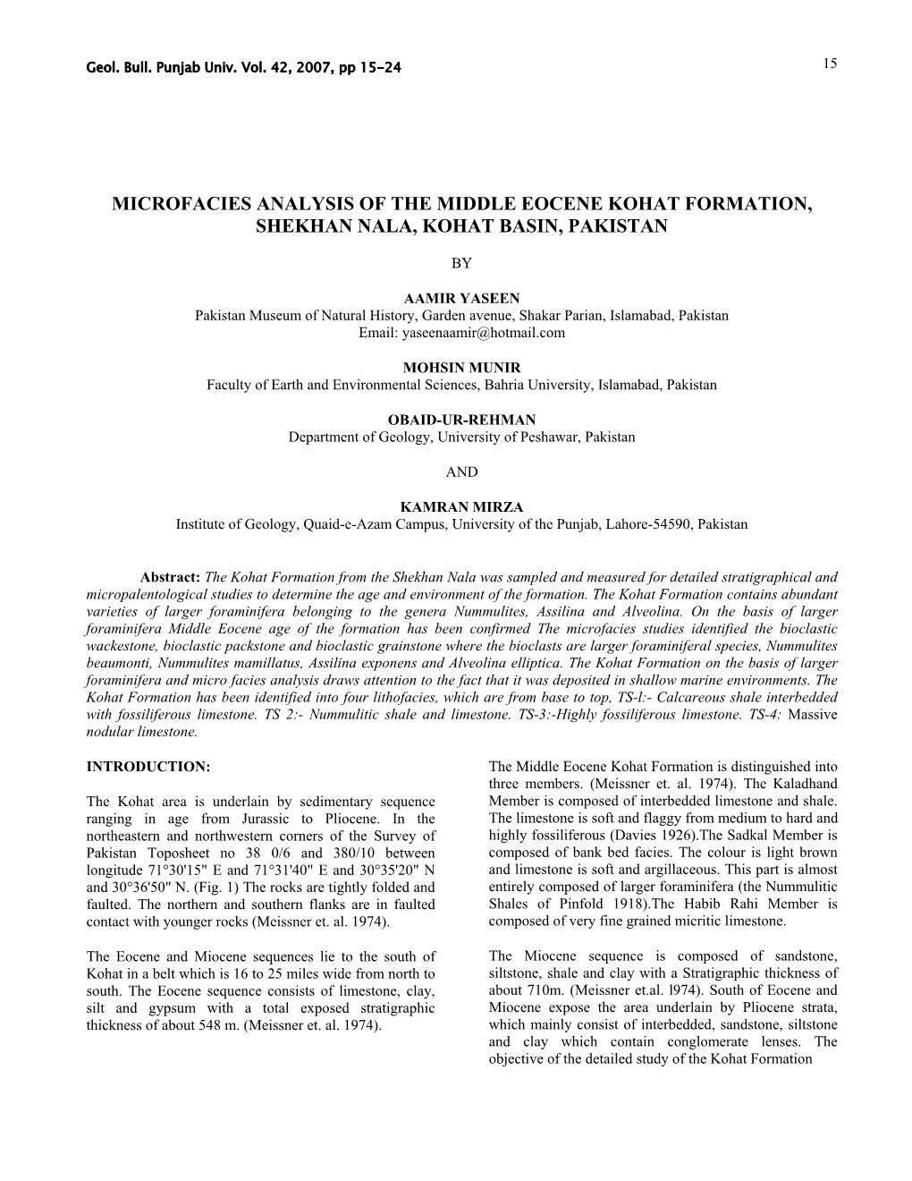 Biostratigraphy of the Kohat Formation, She Khan Nala