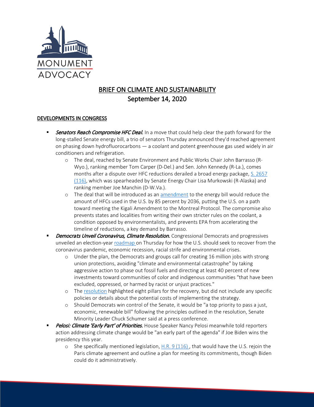 BRIEF on CLIMATE and SUSTAINABILITY September 14, 2020