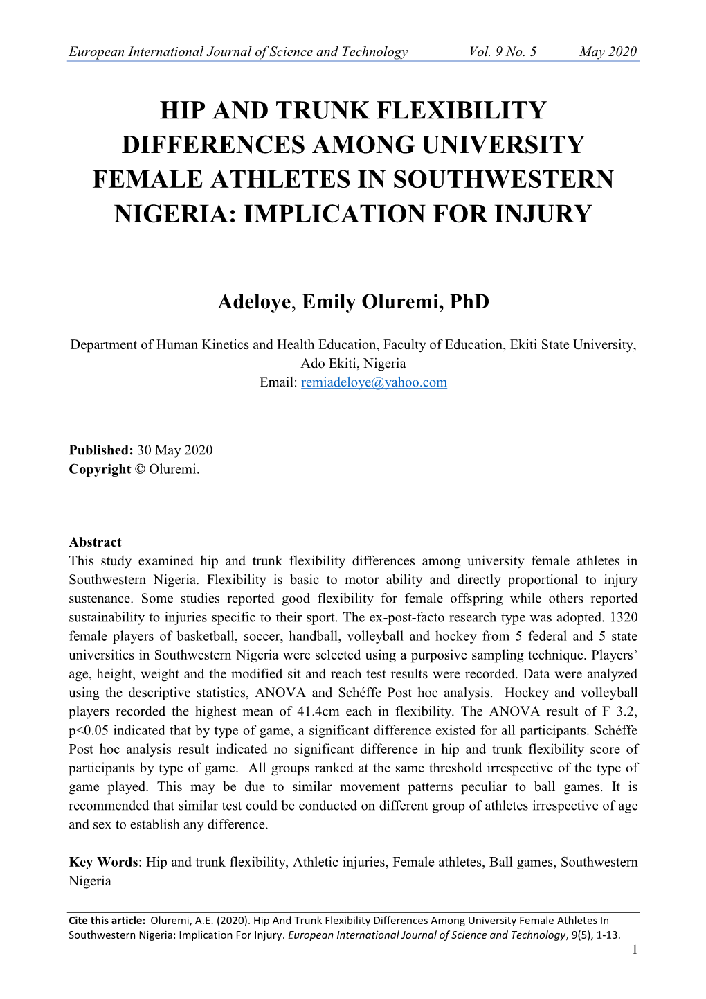 Hip and Trunk Flexibility Differences Among University Female Athletes in Southwestern Nigeria: Implication for Injury