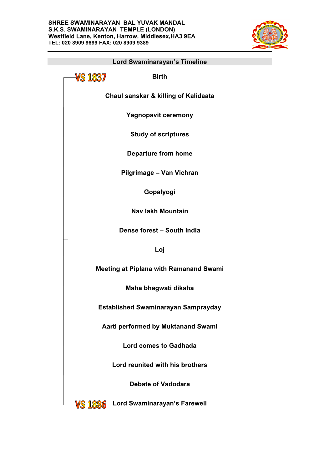 Lord Swaminarayan's Timeline Birth Chaul Sanskar & Killing of Kalidaata