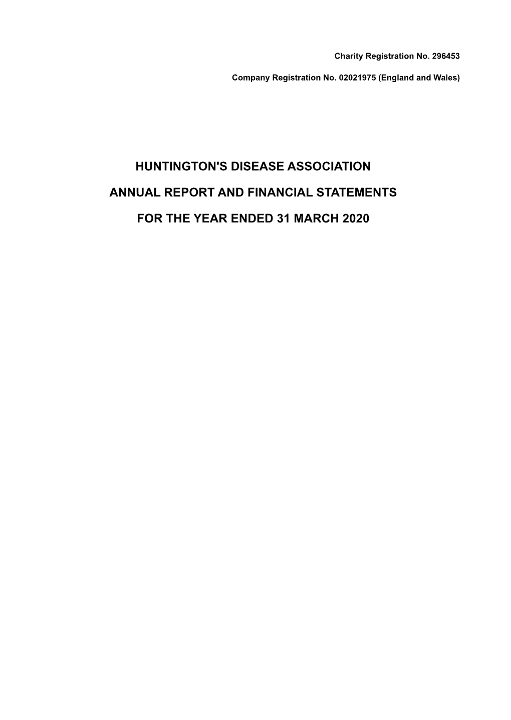 Huntington's Disease Association Annual Report