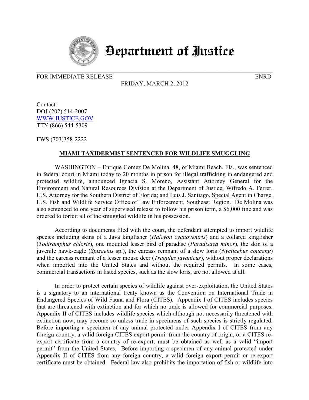 For Immediate Release Enrd Friday, March 2, 2012