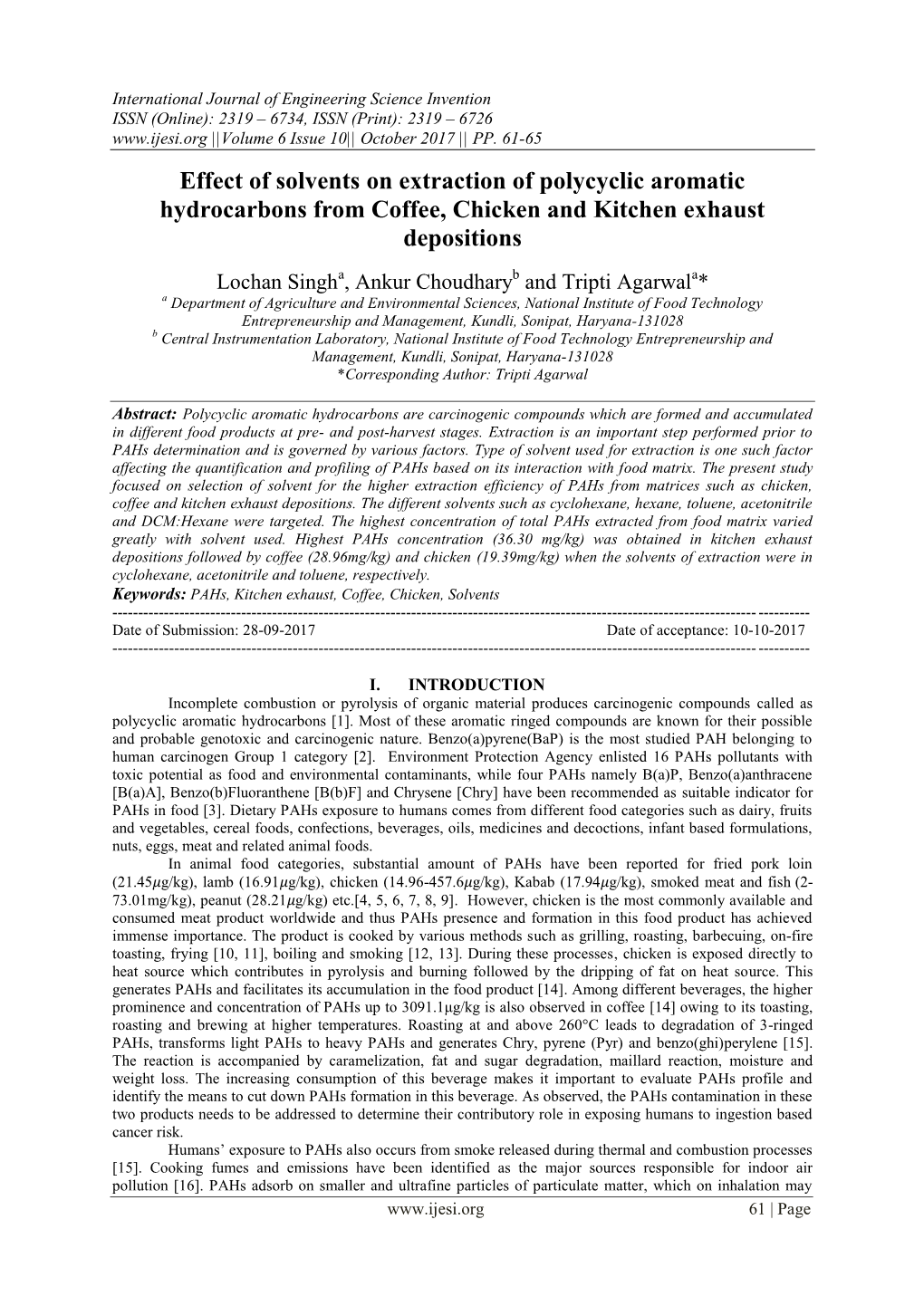 Effect of Solvents on Extraction of Polycyclic Aromatic Hydrocarbons from Coffee, Chicken and Kitchen Exhaust Depositions