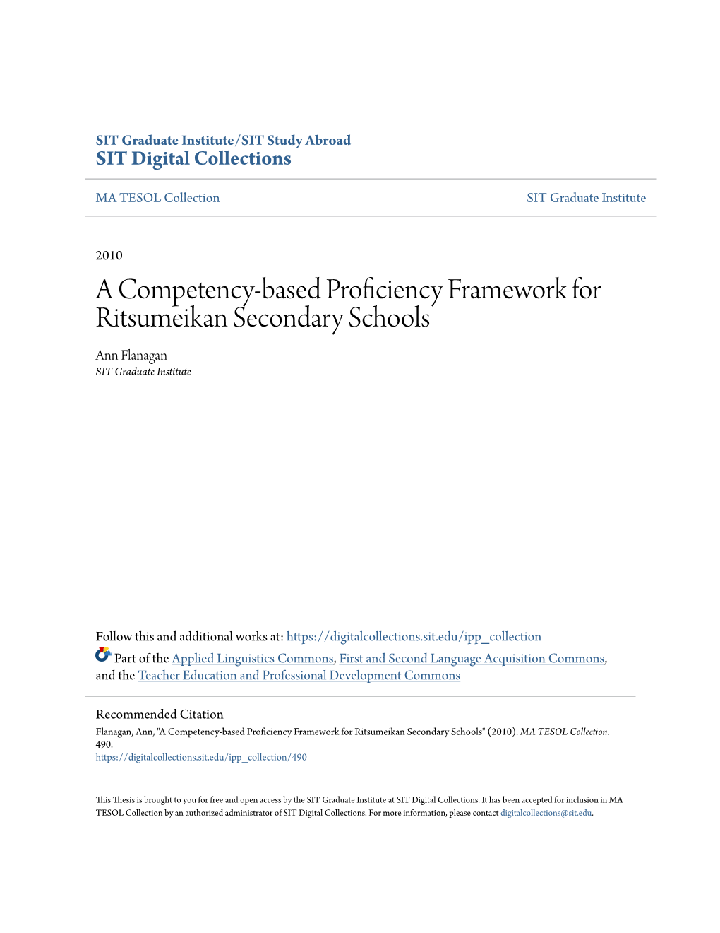 A Competency-Based Proficiency Framework for Ritsumeikan Secondary Schools Ann Flanagan SIT Graduate Institute