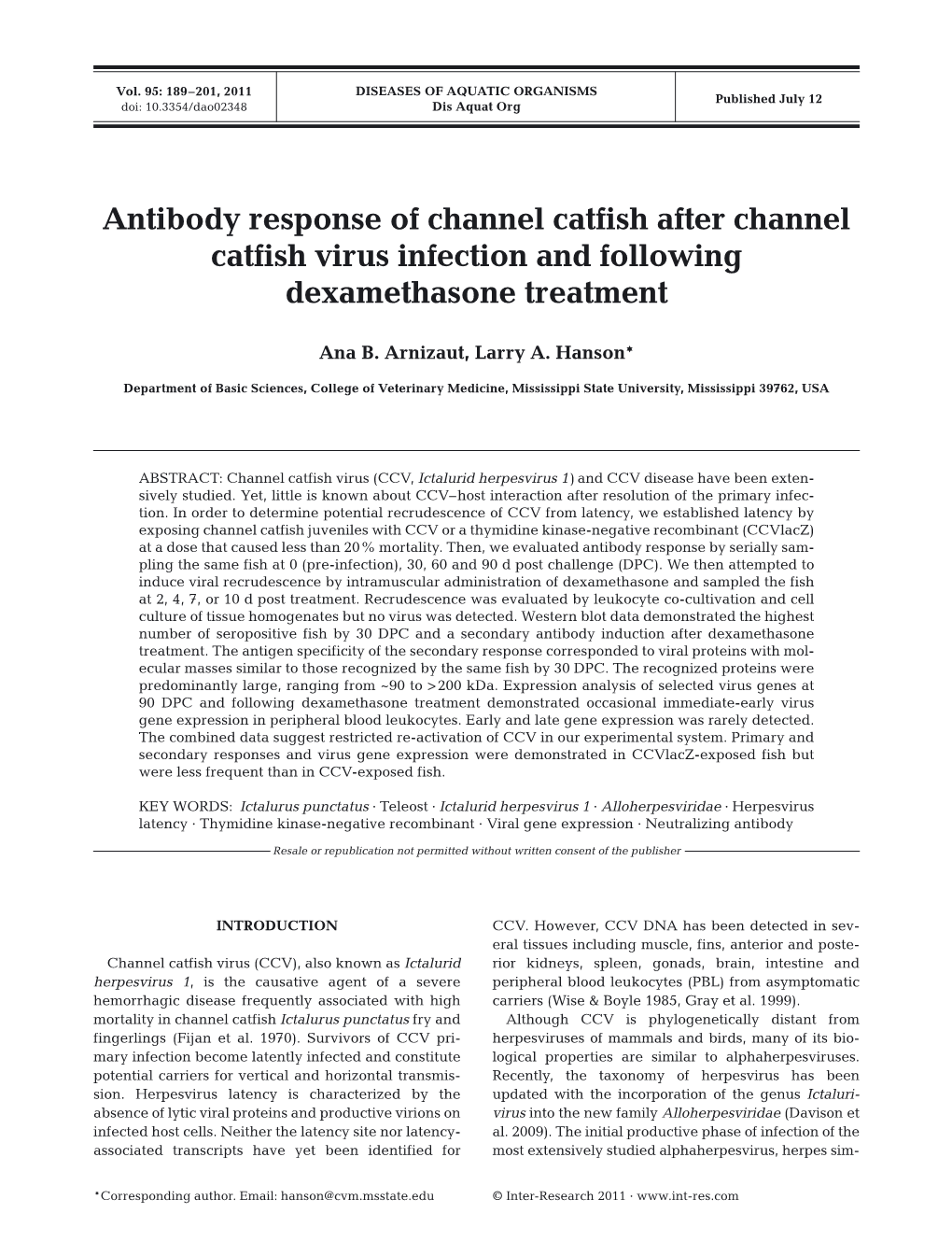 Antibody Response of Channel Catfish After Channel Catfish Virus Infection and Following Dexamethasone Treatment